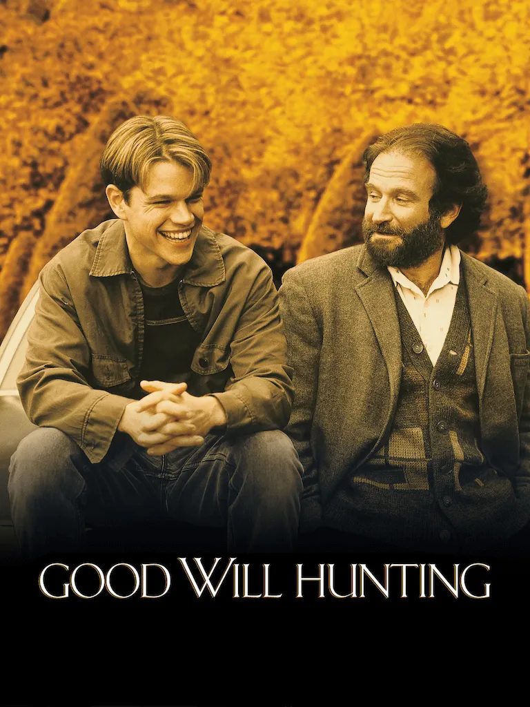Zwei Männer sitzen nebeneinander und lächeln, umgeben von einer herbstlichen Landschaft, mit dem Titel Good Will Hunting darunter.