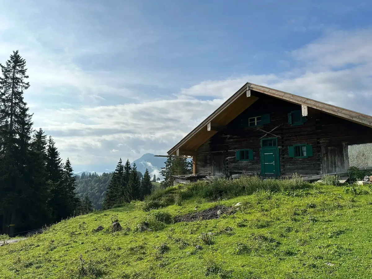 Eine rustikale, dunkelbraune Holzhütte mit grün gestrichenen Fenstern und Tür steht auf einer hellgrünen Bergwiese. Im Hintergrund sind hohe Tannen, ein Berggipfel und ein teilweise bewölkter, blauer Himmel zu sehen.