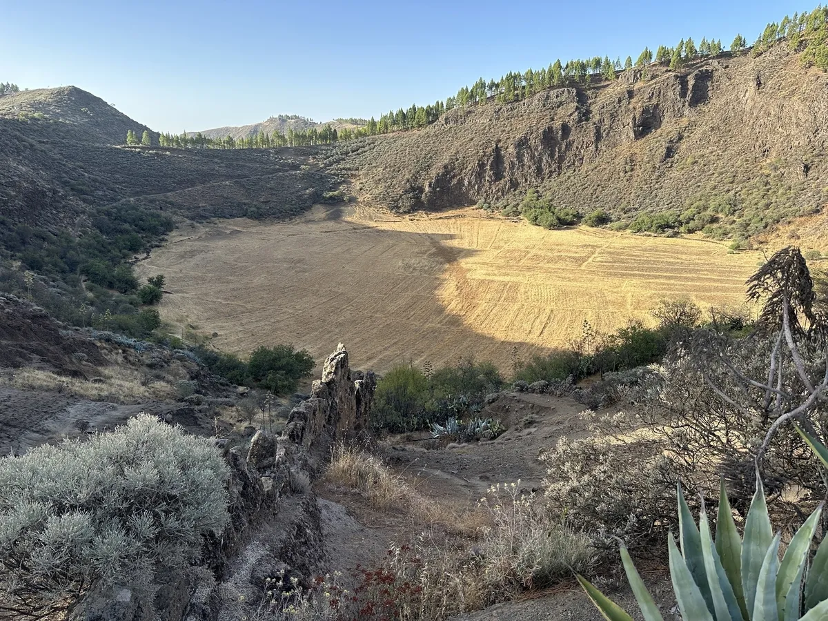 Ein trockener Krater mit spärlicher Vegetation umrahmt von Hügeln und Bäumen unter einem klaren Himmel.
