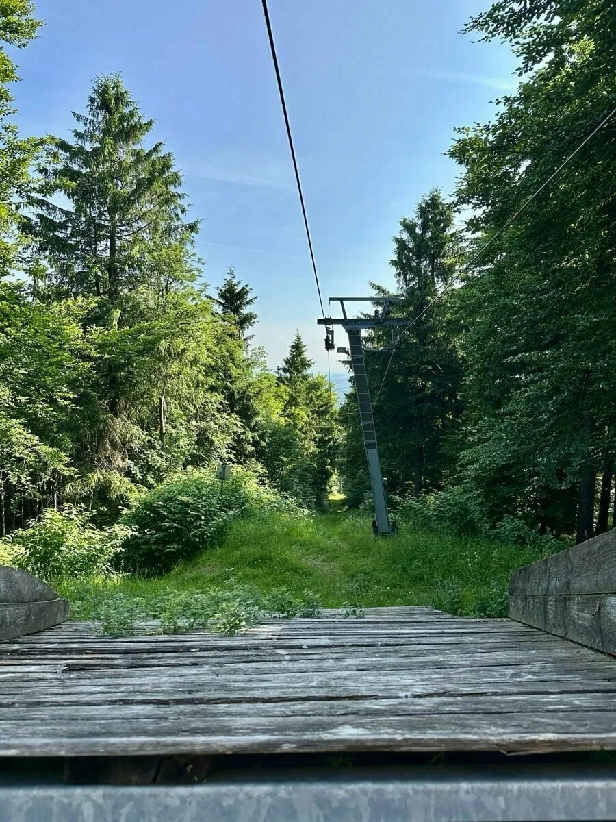 Ein stillgelegter Skilift führt durch einen bewaldeten Hang unter einem blauen Himmel.