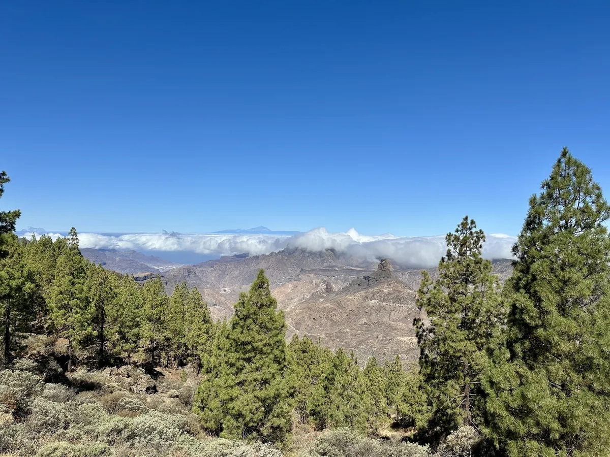 Eine malerische Landschaft mit Bergen, Kiefernwäldern und Wolken am Roque Nublo, unter einem strahlend blauen Himmel mit Blick auf den Teide in Teneriffa.