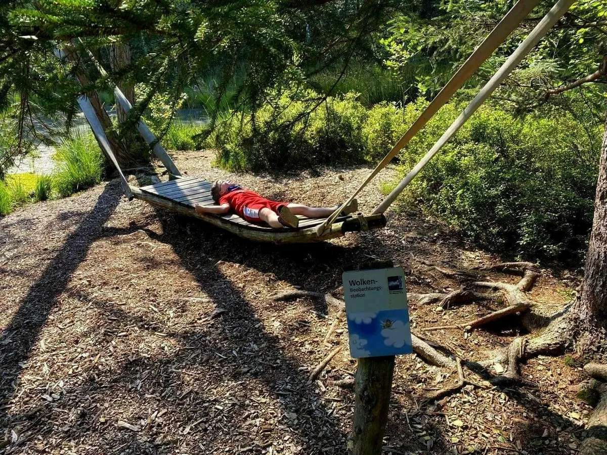 Ein Junge liegt auf einer hölzernen, schwingenden Liege in einem Waldgebiet mit Rindenmulch im Hochmoor, mit Blick nach oben, neben einem Schild, das auf einen Wolken-Beobachtungsplatz hinweist.