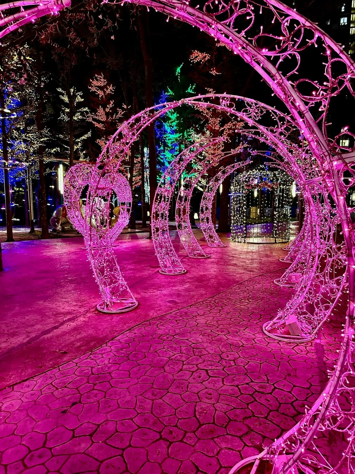 Bunte und lebendige Lichter bilden nachts einen beleuchteten Weg.