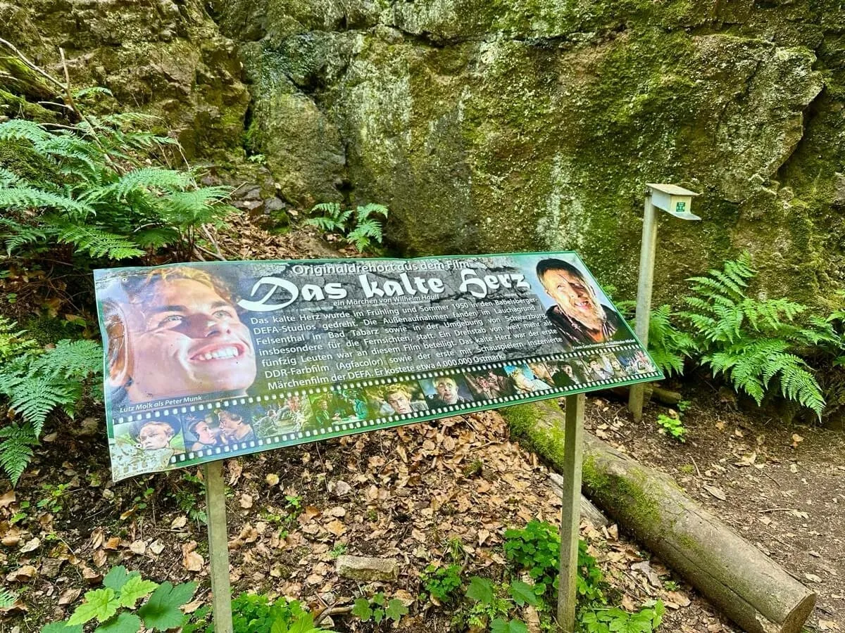 Ein Schild im Wald informiert über den Film Das kalte Herz vor einem Hintergrund aus Felsen und Grünpflanzen.