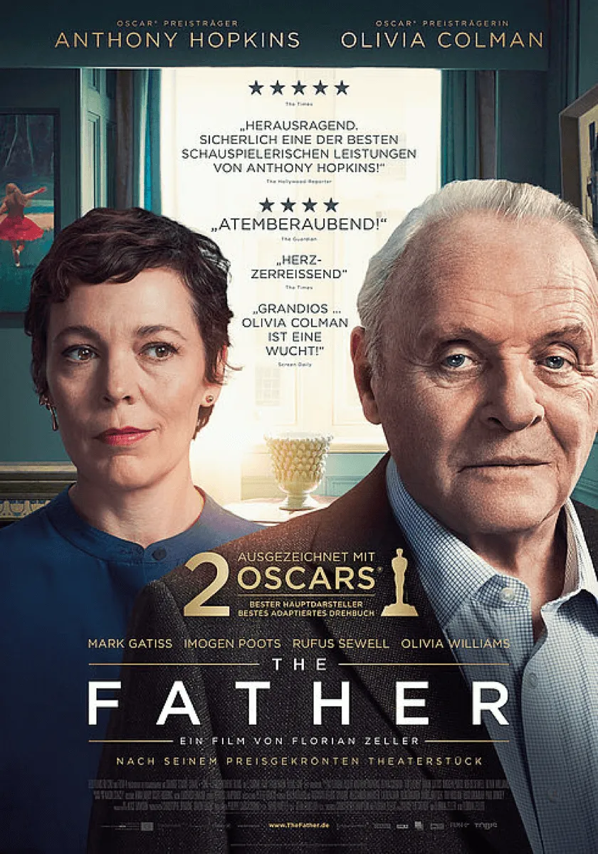 Filmposter für „The Father“ mit Nahaufnahmen der Hauptdarsteller Olivia Colman und Anthony Hopkins, sowie Text zu Auszeichnungen und Kritiken.
