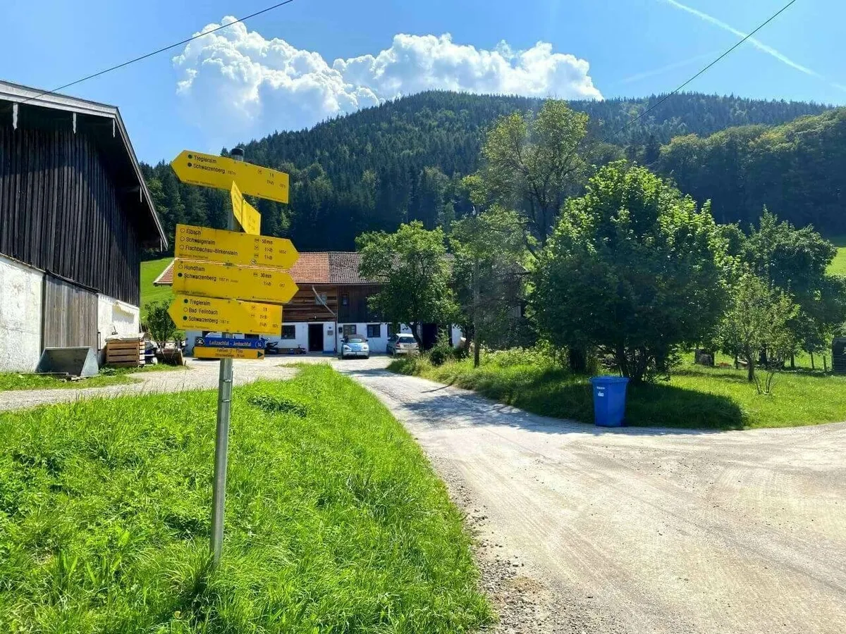 Eine gelbe Wegweiser-Tafel für Wanderer und Radfahrer an einer ländlichen Kreuzung in hügeliger, bewaldeter Landschaft in Bayern, neben einem Bauernhaus.
