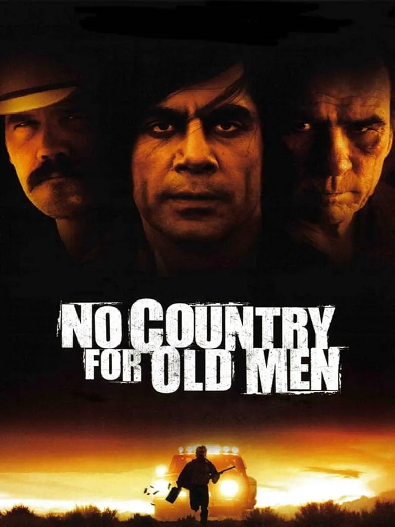 Drei Männer blicken ernst in die Kamera über dem Titel No Country for Old Men", während eine Figur unten vor einem Auto flieht.