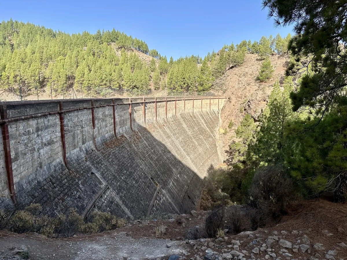 Die Staumauer des Presa de los Hornos umgeben von Bäumen in einer bergigen Landschaft.