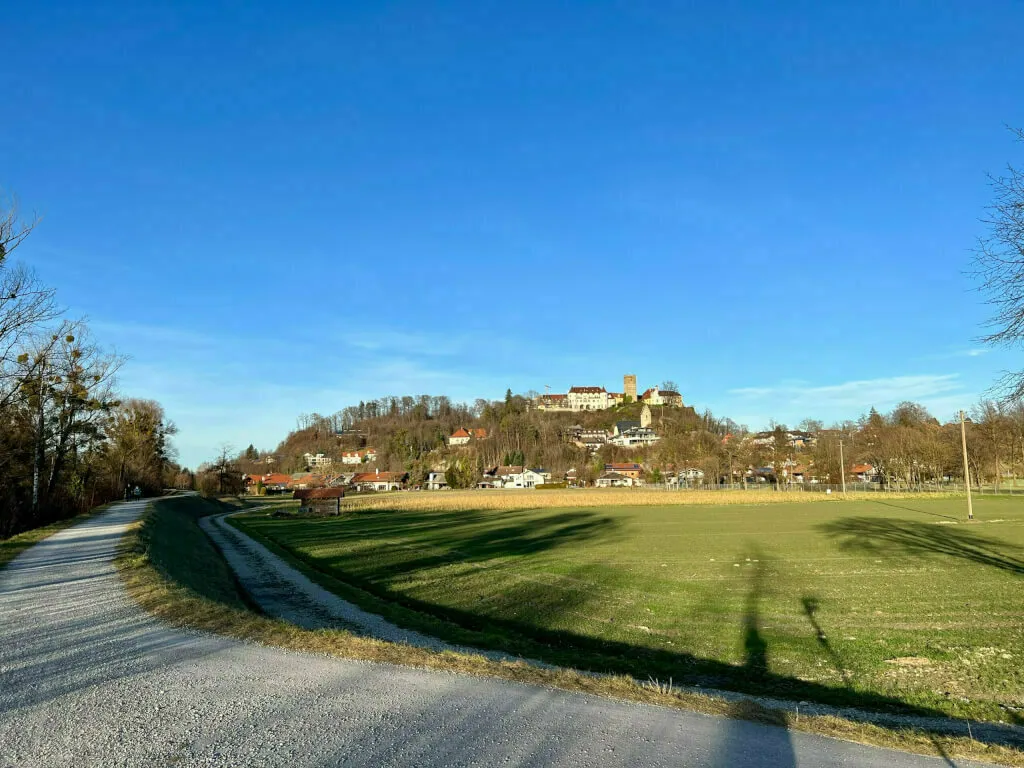 Weite Wiesenlandschaft mit Spazierweg und dem Schlossberg in der Ferne.