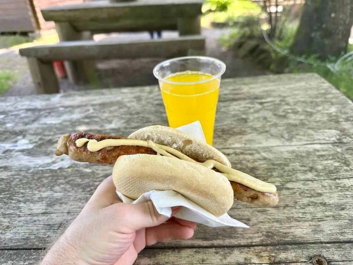Eine Hand hält eine Bratwurst im Brötchen mit Senf, daneben steht ein Becher mit einer Orangenlimonade auf einem Holztisch im Freien.