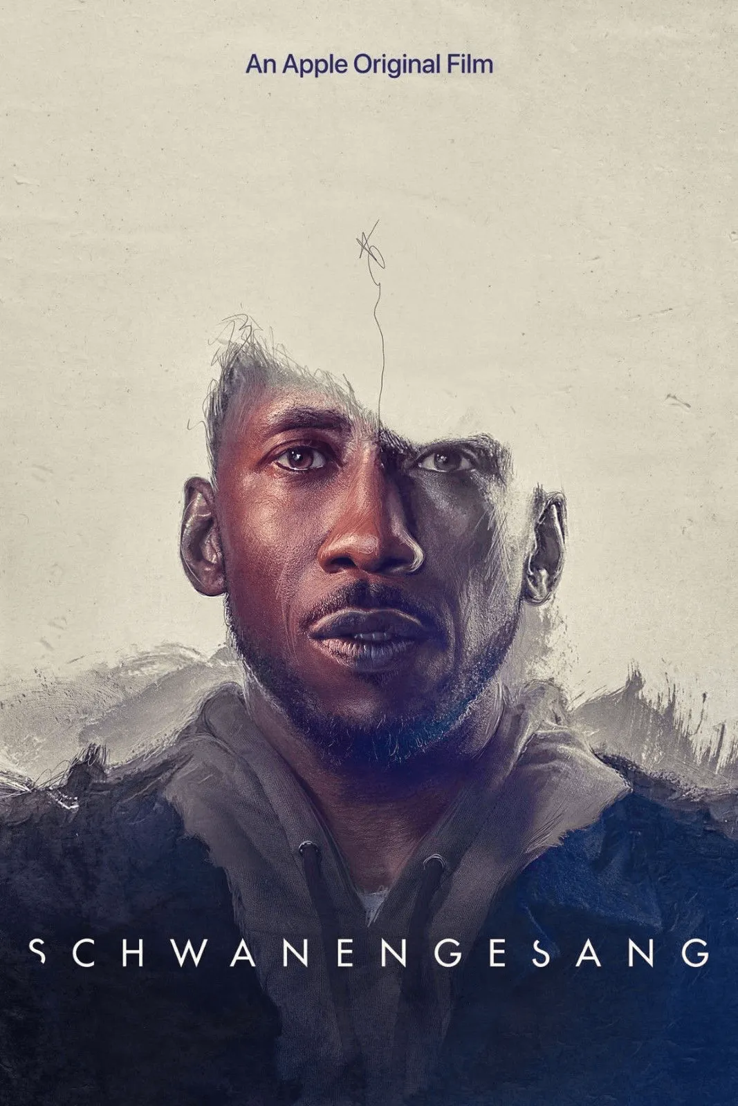 Ein halb realistisches, halb skizzenhaftes Porträt eines Mannes ist auf dem Cover des Films Schwanengesang zu sehen.