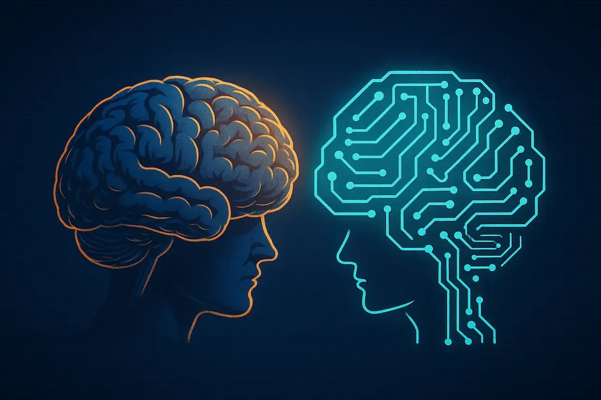 Ein menschliches Gehirn steht einem Gehirn aus Schaltkreismustern gegenüber, symbolisierend die Gegenüberstellung von Mensch und Technologie.