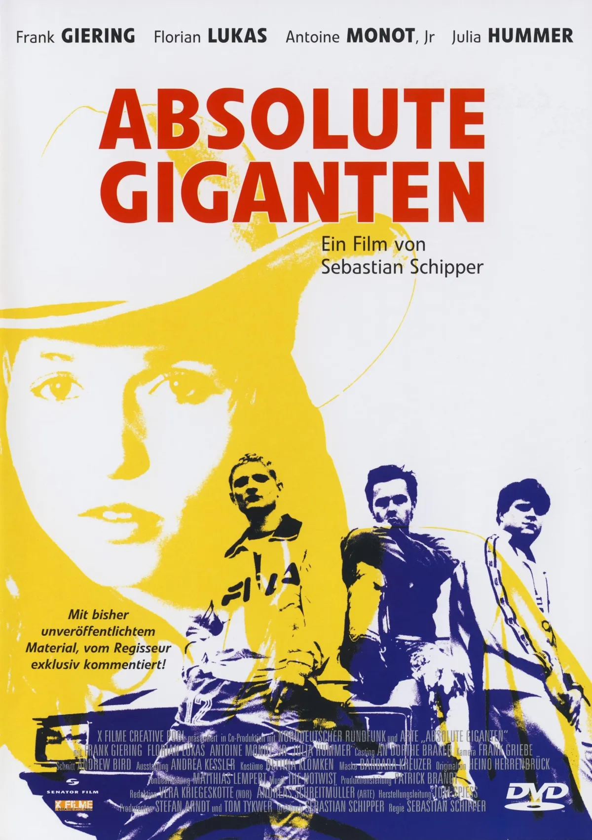 Das Filmplakat des deutschen Kultfilms Absolute Giganten, das in einem künstlerischen Gelb-Orange-Farbschema gehalten ist und drei Personen sowie mehrere Namen zeigt.