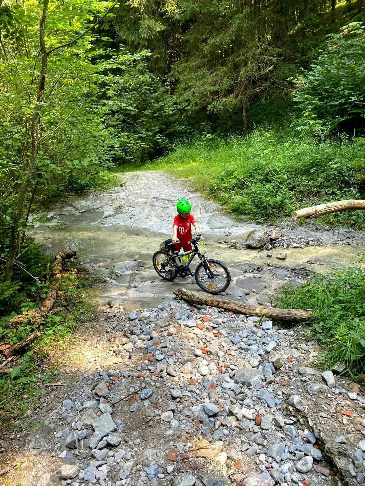 Ein Junge mit Fahrrad, rotem T-Shirt und grünem Helm steht mitten in einem felsigen, bewaldeten Bachbett. Der Weg kreuzt einen flachen Wasserlauf.