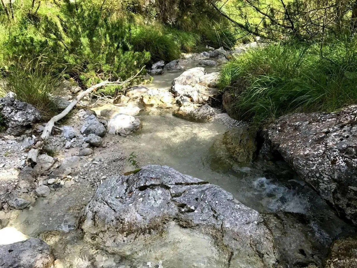 Eiskalter Bergbach mit großen Steinen und Treibholz