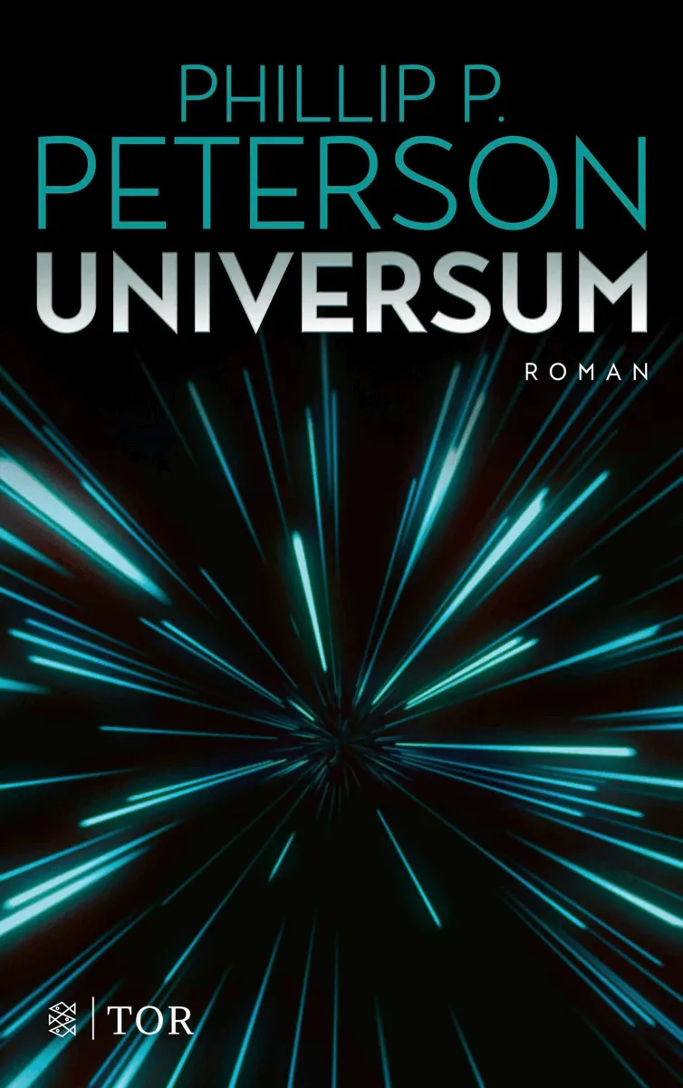 Das Cover zeigt das Buch Universum von Phillip P. Peterson mit leuchtenden blauen Linien, die auf einen zentralen Punkt zusammenlaufen, in einem futuristischen Design.