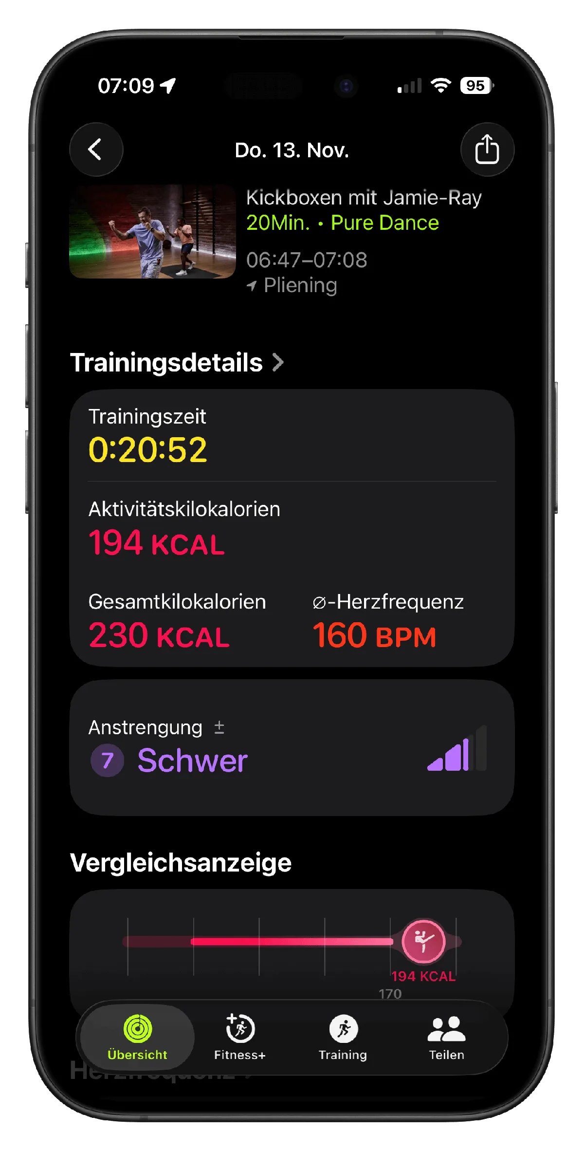 Ein Fitness-Tracking-Bildschirm zeigt Daten einer Kickbox-Einheit, einschließlich Trainingszeit, verbrauchter Kalorien und Herzfrequenz.