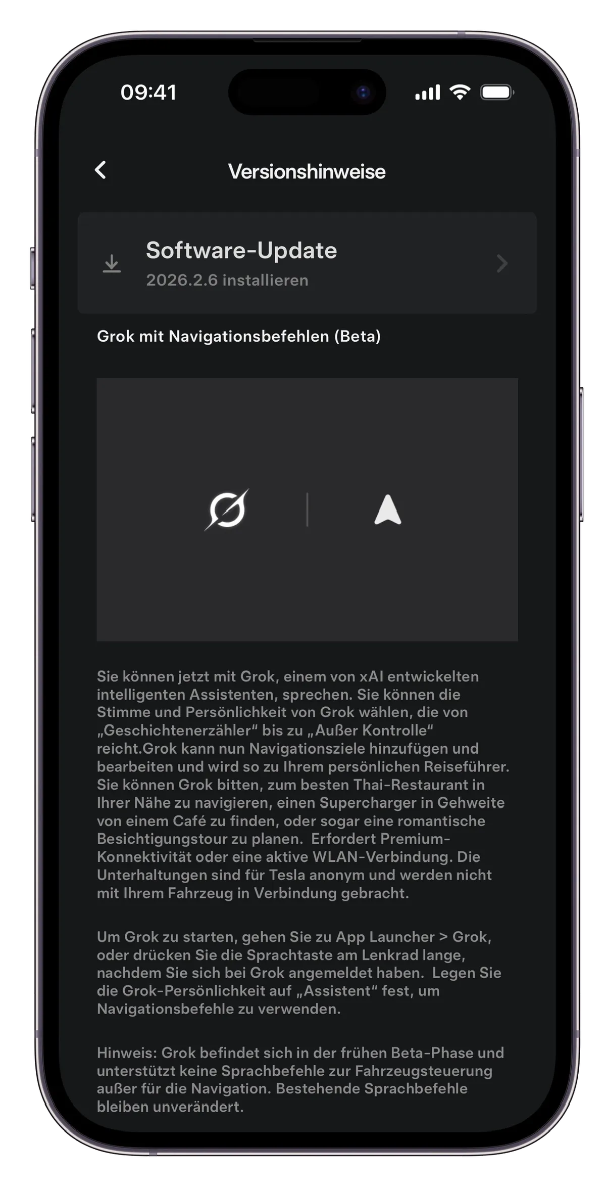 Der Screenshot zeigt ein Software-Update für eine App namens "Grok", einschließlich Navigationsbefehlen im Beta-Test. Es sind Optionen für Sprachsteuerung und deren Einstellungen sichtbar.