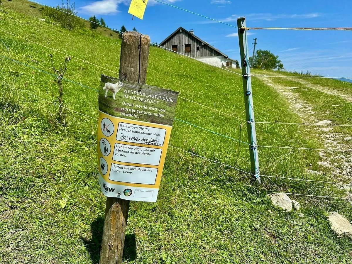 Warnschild "Herdenschutzhunde im Weidegebiet" auf einer Bergwiese neben einem Weidezaun, mit einem Bauernhaus im Hintergrund