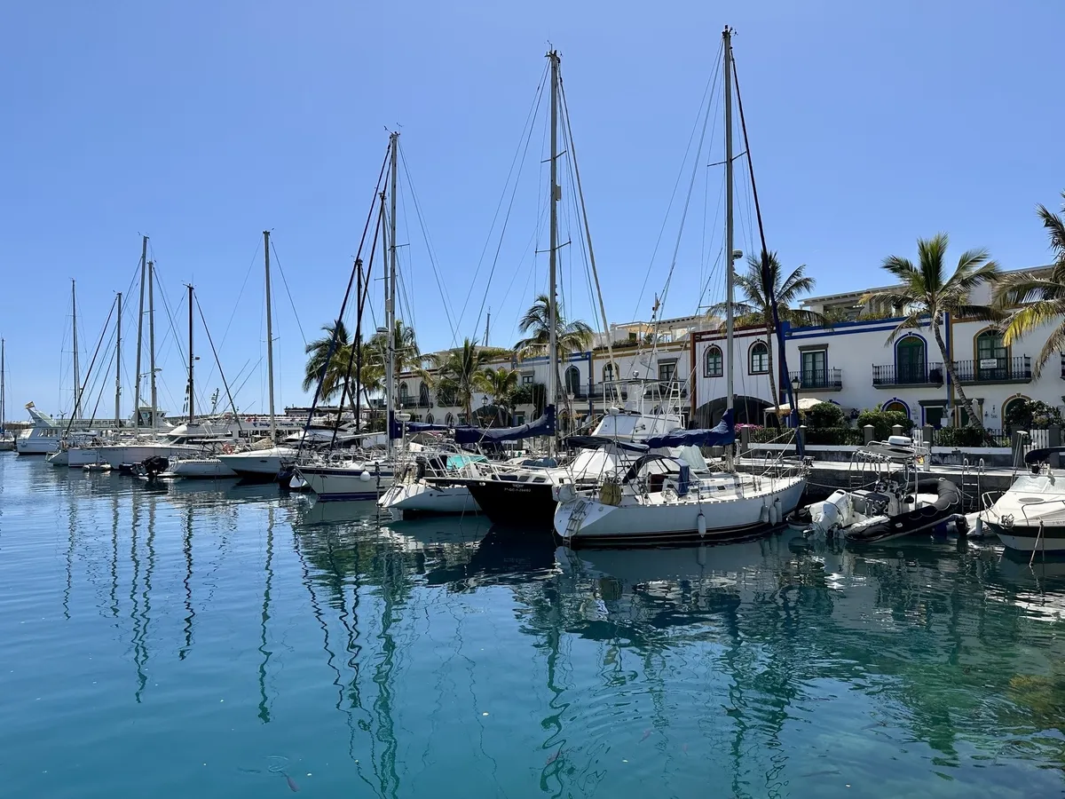 Auto-generated description: Mehrere Boote liegen in einem klaren, blauen Hafen vor einem Gebäude mit Palmen.