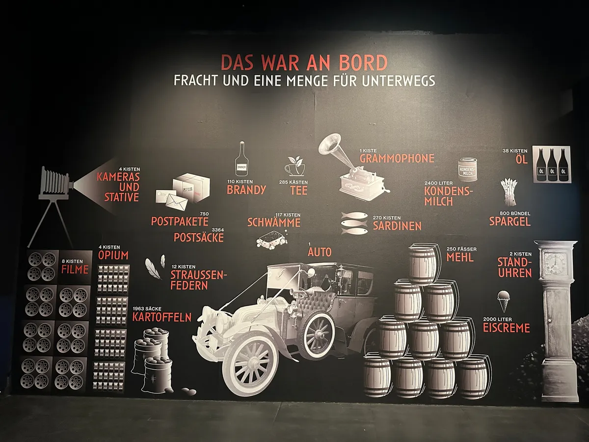 An einer Wand sind Illustrationen von Waren und Produkten angebracht, die auf der Titanic mitgenommen wurden, sowie deren Bezeichnungen und Mengen in roter und weißer Schrift.