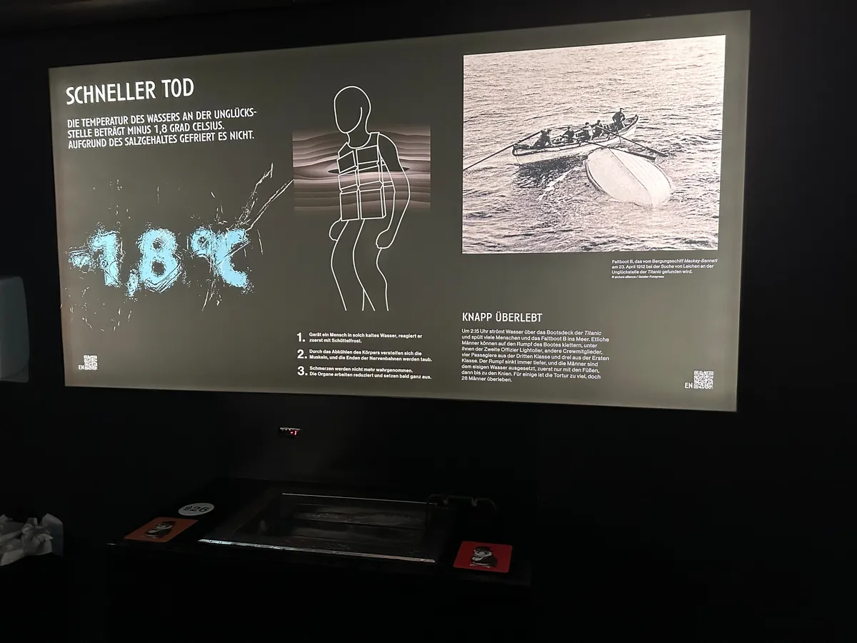 Eine Informationstafel zeigt eine Statistik zur Wassertemperatur und das Überleben im Wasser, zusammen mit einer Abbildung einer Rettung und einer Grafik einer Person mit Schwimmweste.