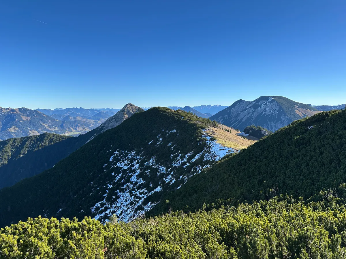 Eine malerische Berglandschaft mit schneebedeckten Gipfeln und bewaldeten Hängen unter einem klaren blauen Himmel.