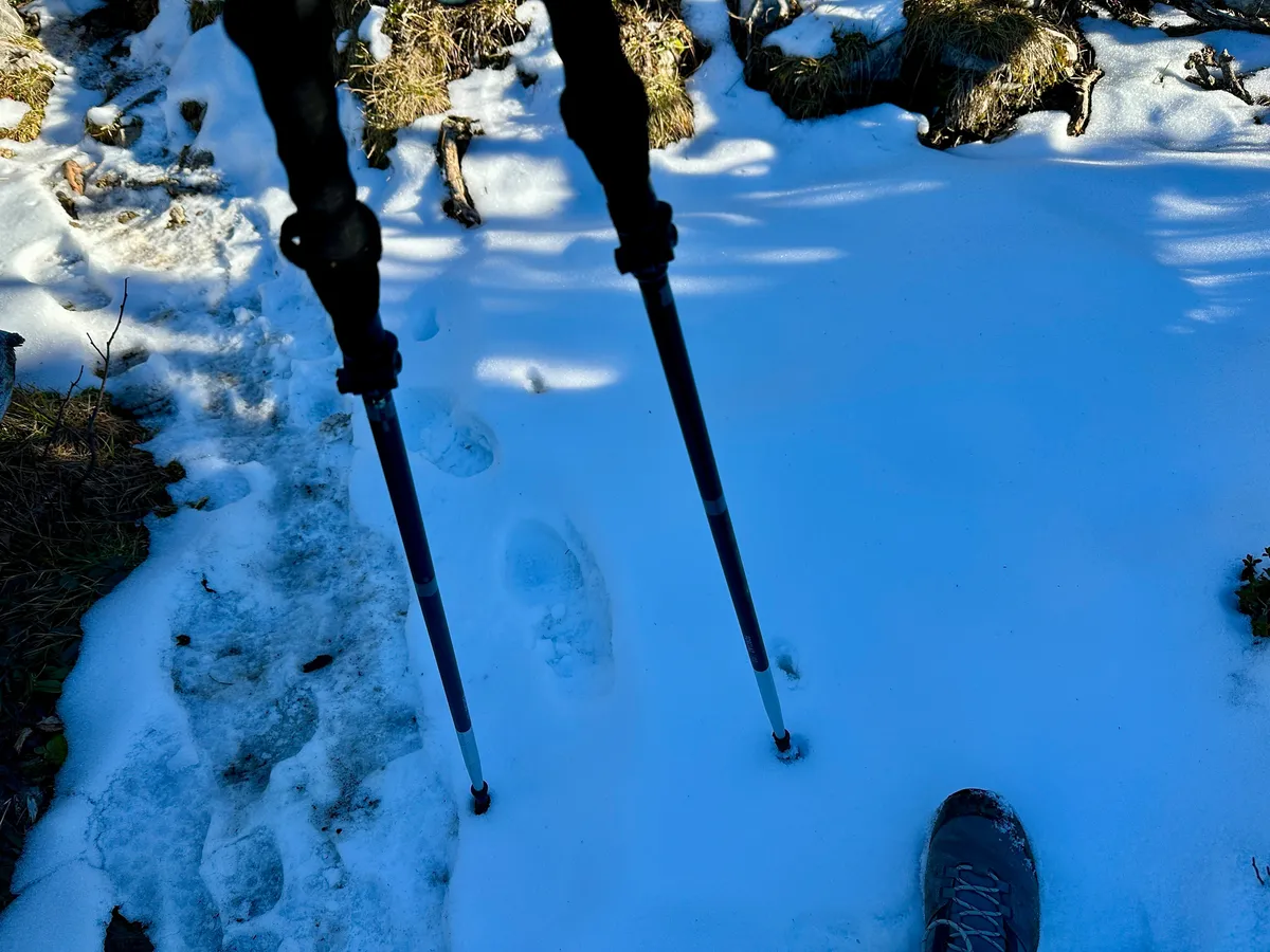 Wanderstöcke stecken im Schnee neben Fußabdrücken und einem Schuh beim Aufstieg zur Benzingspitze