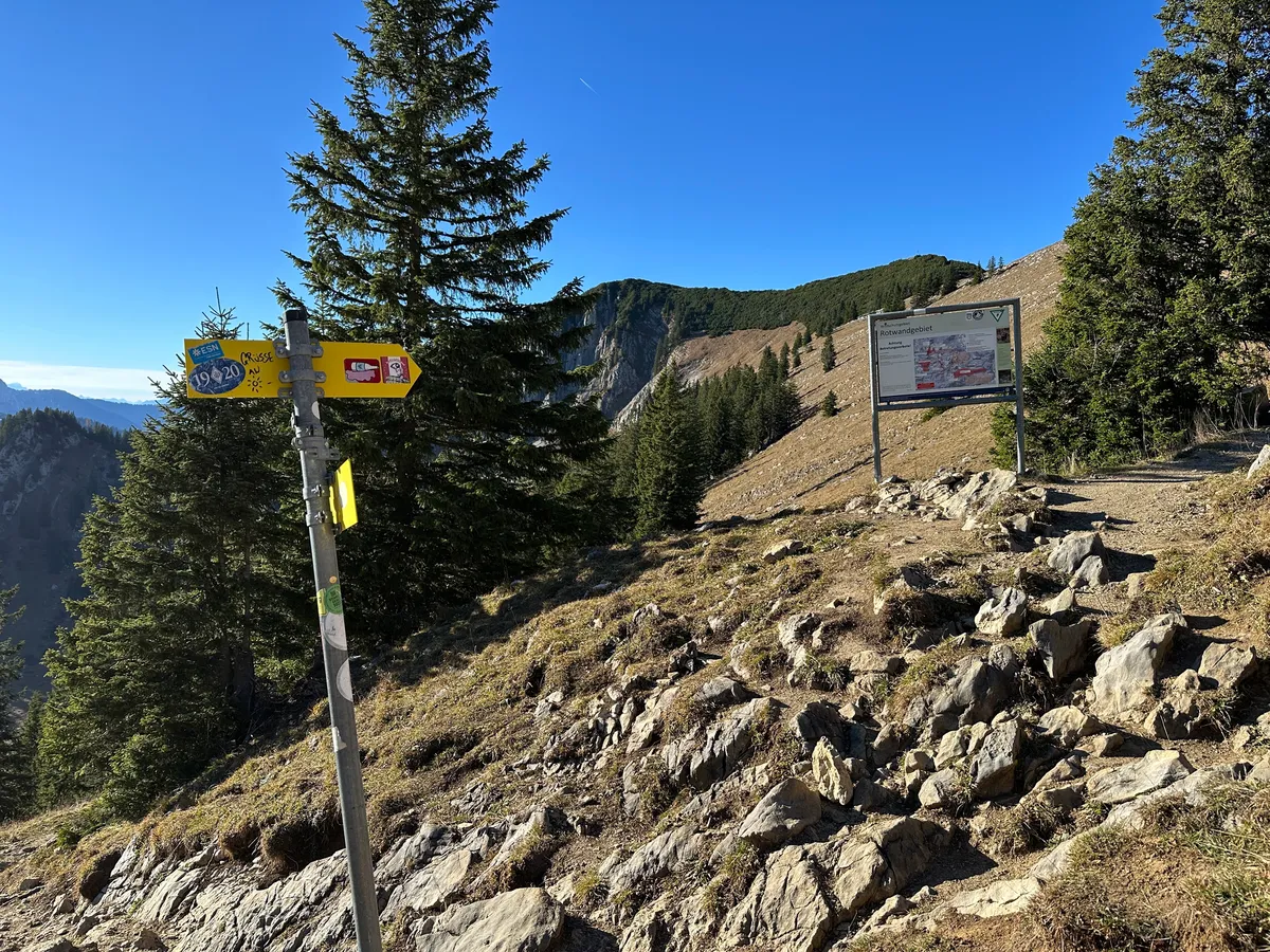 Ein Wanderweg in einem Gebirgsgebiet mit Wegweisern, Bäumen und einem klaren blauen Himmel.