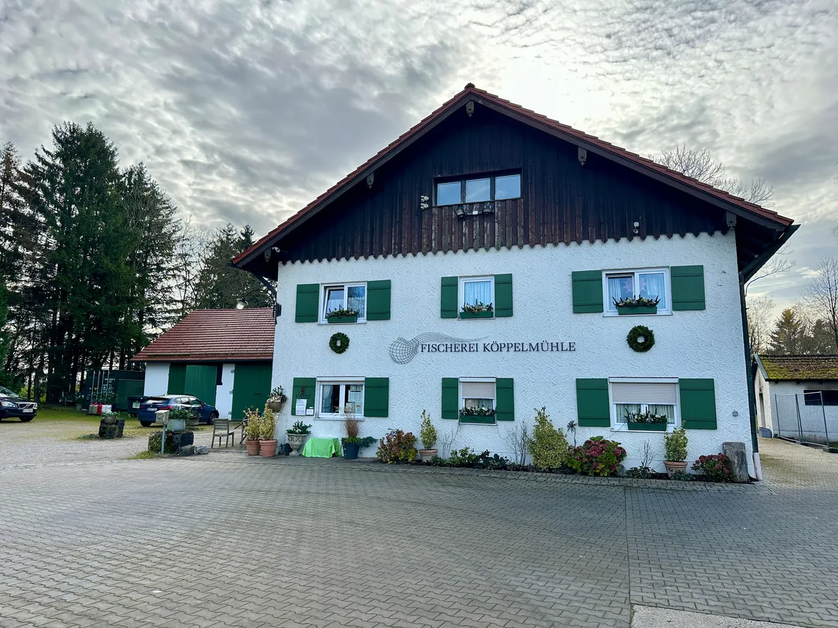 Ein traditionelles deutsches Gebäude (Fischerei Köppelmühle) mit weißen Wänden, grünen Fensterläden und einem Schornstein steht vor einem gepflasterten Hof, umgeben von Bäumen.