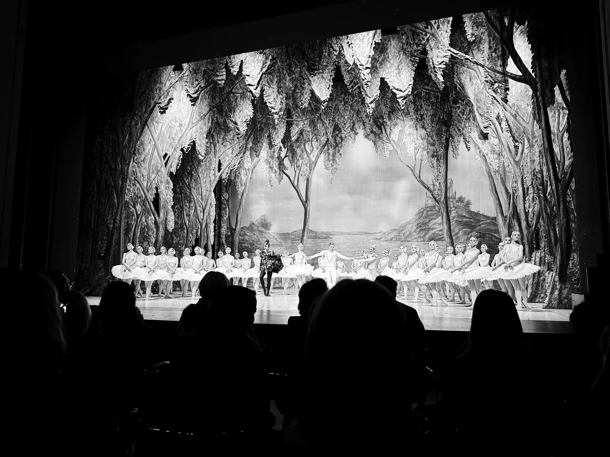 Schwarz-weiß-Fotografie aus der Zuschauerperspektive auf eine Theaterbühne, auf der ein Ballettensemble in hellen Tutus den Schlussapplaus von „Schwanensee“ vor einer Waldkulisse entgegennimmt.