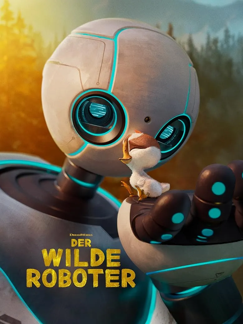 Ein futuristischer Roboter mit einem runden Kopf und großen, leuchtenden Augen hält ein kleines, neugieriges Küken in seiner Hand. Im Hintergrund sind bewaldete Berge und ein goldener Sonnenuntergang zu sehen.