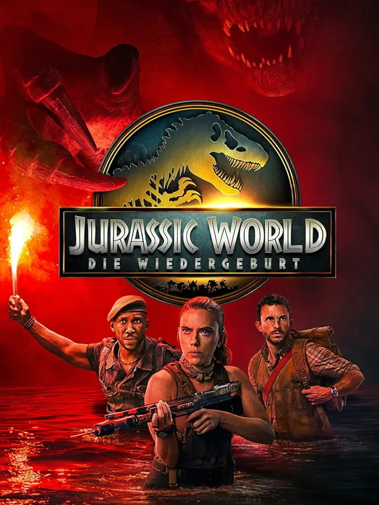 Drei Personen stehen im Vordergrund, bereit für actionreiche Abenteuer, während im Hintergrund prähistorische Kreaturen und eine dramatische, rote Landschaft zu sehen sind. Der Titel "Jurassic World: Die Wiedergeburt" ist prominent platziert.