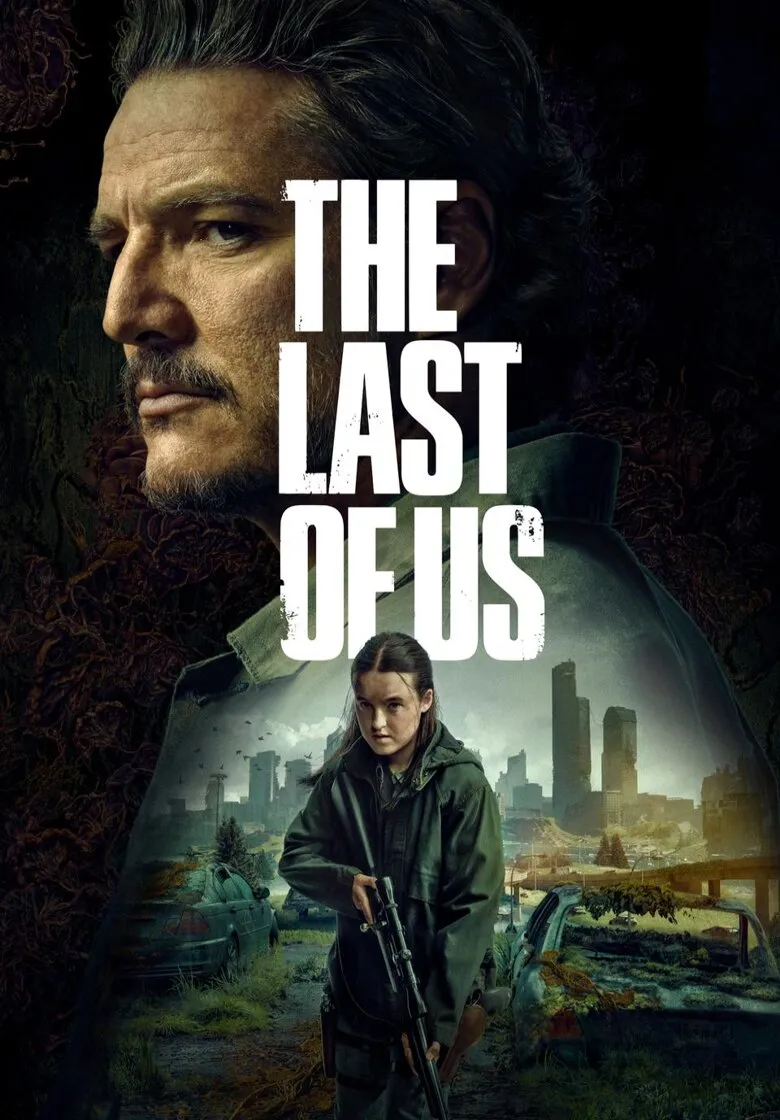 Filmplakat für die Serie "The Last of Us". Im oberen Teil des Plakats ist der Kopf und Oberkörper des Schauspielers Pedro Pascal (als Joel) in einem dunklen, grünen Licht zu sehen. Das Gesicht ist im Profil dargestellt. Darunter, in der Mitte, steht in großen, weißen, serifenlosen Buchstaben der Titel "THE LAST OF US". Im unteren Teil des Plakats, vor dem Hintergrund einer postapokalyptischen, zerstörten Stadtlandschaft mit überwucherten Hochhäusern und Autowracks, steht die Schauspielerin Bella Ramsey (als Ellie) mit einer Waffe in der Hand. Sie trägt eine dunkle Jacke und blickt den Betrachter direkt an. Die Gesamtstimmung des Plakats ist düster und grün-braun.