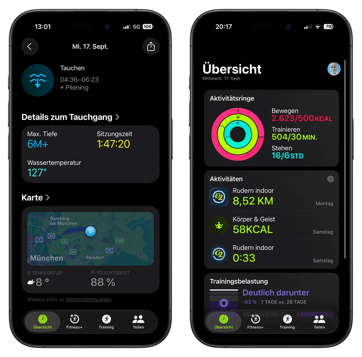 Zwei iPhone-Bildschirme zeigen Fitness- und Tauchaktivitätsdaten mit Statistiken wie Tauchgangdetails, Trainingsdauer und Kalorienverbrauch.