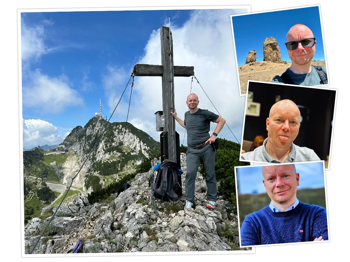 René Fischer steht an einem Berggipfel neben einem Holzkreuz, mit einer Berglandschaft im Hintergrund. In den kleineren Bildern sieht man ihn in verschiedenen Posen und Umgebungen, darunter ein Selbstporträt und Aufnahmen in einem Büro.