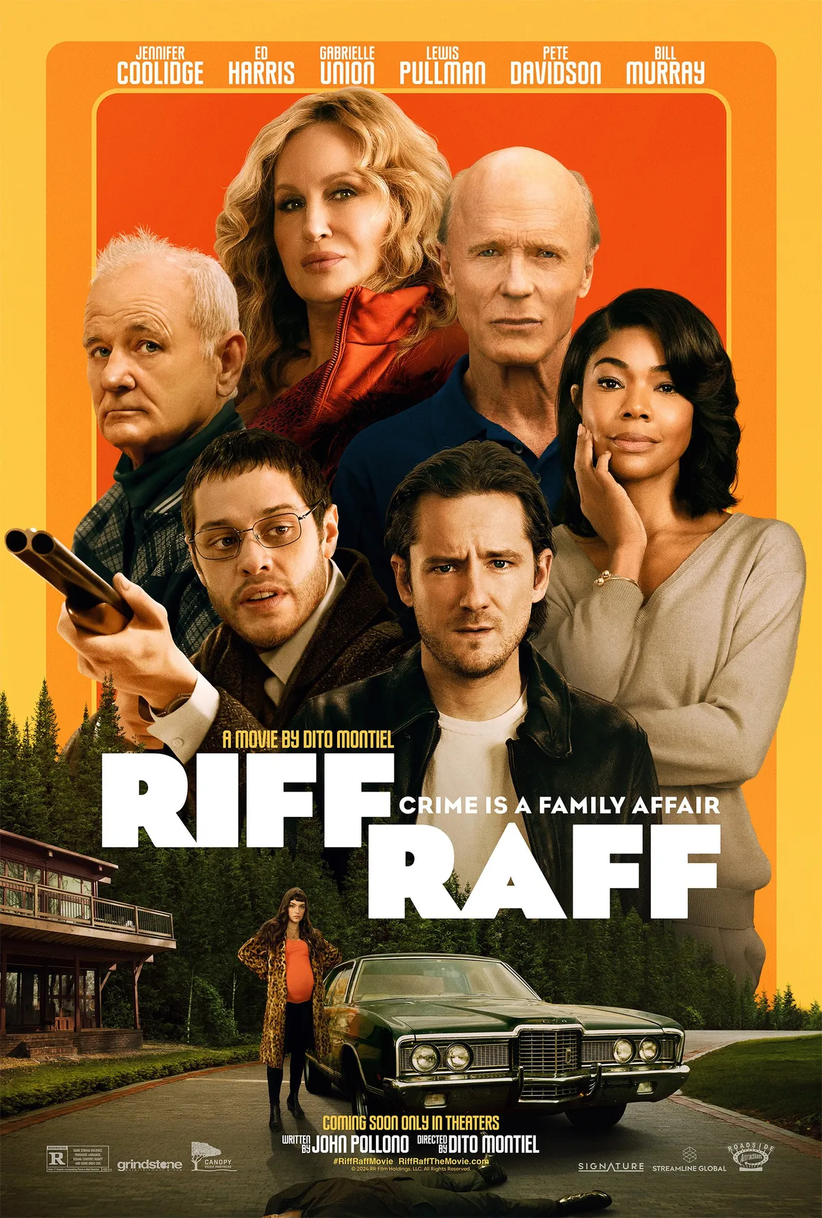 Ein Filmplakat für "Riff Raff", das eine Gruppe von Schauspielern zeigt, darunter Jennifer Coolidge, Bill Murray und Pete Davidson. Im Hintergrund ist eine ländliche Straße zu sehen, während im Vordergrund ein Mann mit einer Waffe und mehrere Charaktere in verschiedenen Posen abgebildet sind.