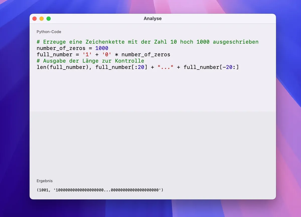 Ein Python-Code-Snippet erstellt eine sehr große Zahl als String, gibt ihre Länge und eine gekürzte Darstellung zur Kontrolle aus.