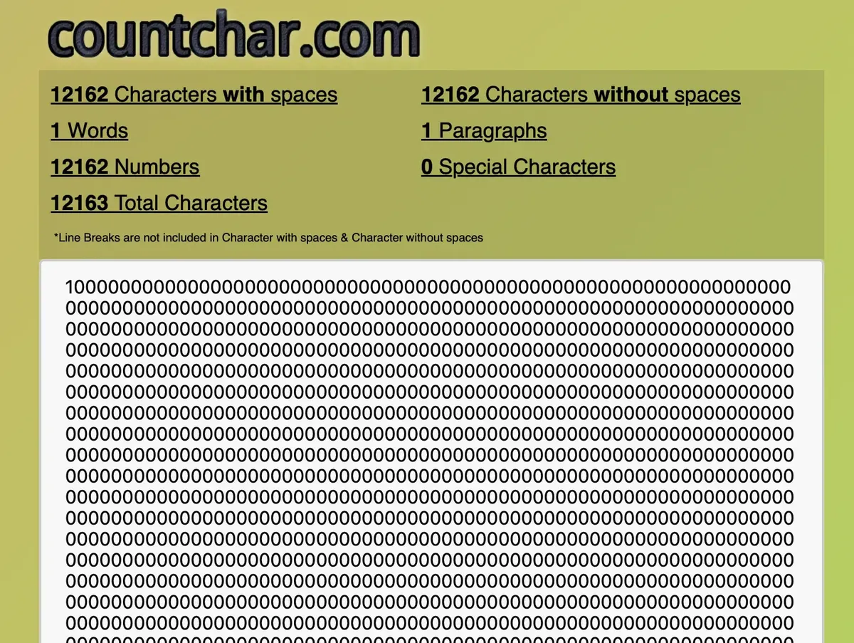 Ein Online-Tool zählt 12.162 Zeichen mit Leerzeichen und besteht aus einer großen Menge der Zahl 0.