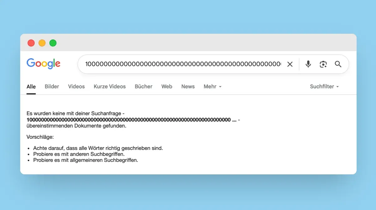 Keine Ergebnisse bei Google für eine lange Zahl von Nullen gefunden.