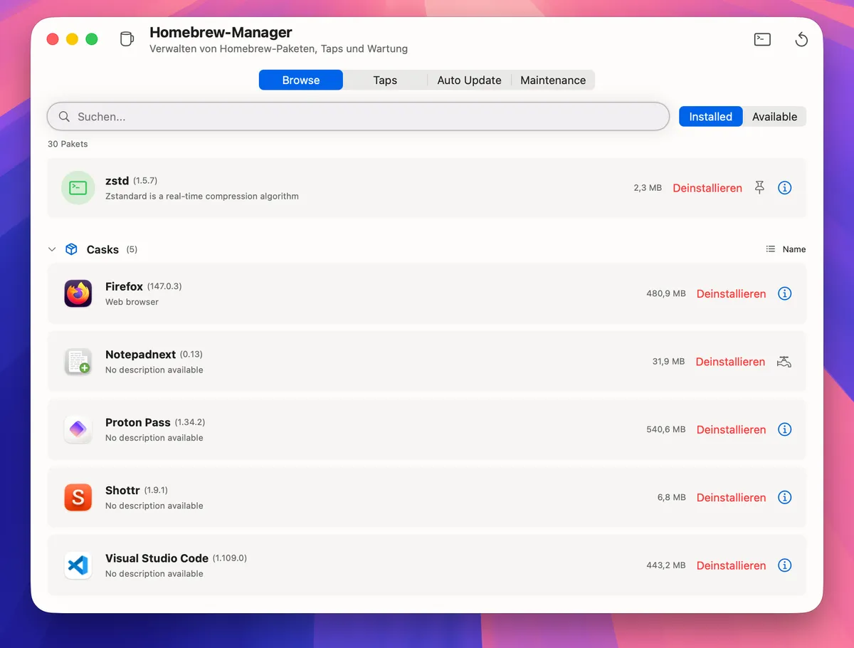 Die Benutzeroberfläche des Homebrew-Managers zeigt eine Liste installierter Anwendungen wie Firefox und Visual Studio Code. Jede Anwendung hat Größenangaben und Schaltflächen zum Deinstallieren.