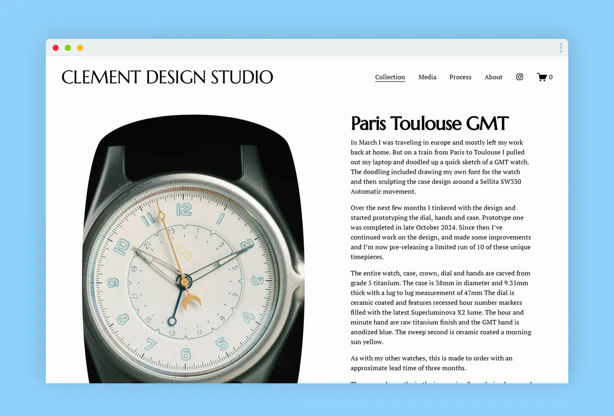 Ein Screenshot einer Website namens Clement Design Studio zeigt eine stilvolle Armbanduhr und beschreibt das Design und die Herstellung des Paris Toulouse GMT Modells.