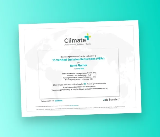 Offizielles Zertifikat des Gold Standard für René Fischer über die Kompensation von 15 Tonnen CO₂ durch Projekte in Brasilien, Madagaskar und Panama.