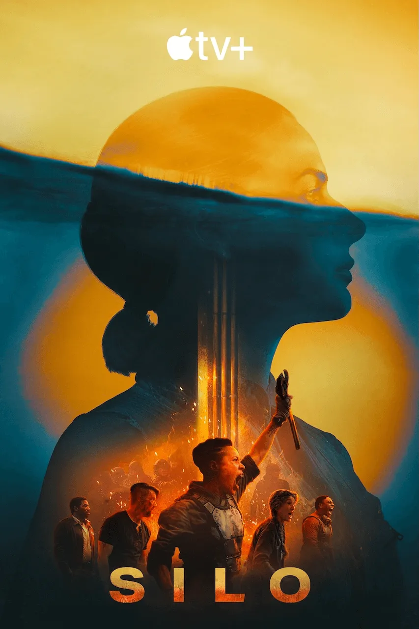Ein stilisiertes Poster mit mehreren Personen und einer überlagerten Gesichtssilhouette, das für die Apple TV+ Serie Silo wirbt.