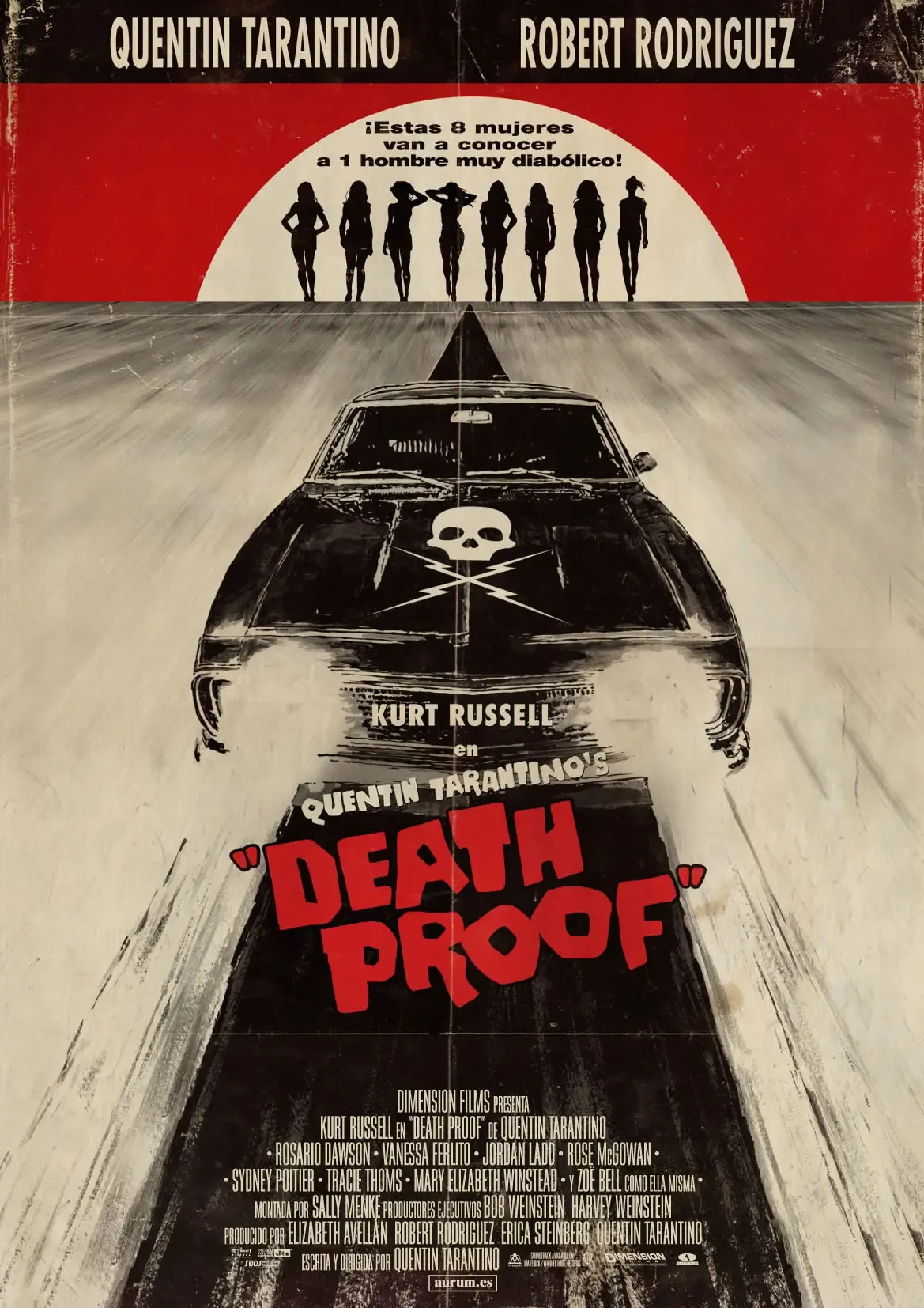 Ein Auto mit einem Totenkopfsymbol fährt auf eine Reihe von Schattenbildern von Frauen zu, auf einem Poster mit den Namen Quentin Tarantino und Robert Rodriguez sowie dem Titel Death Proof.