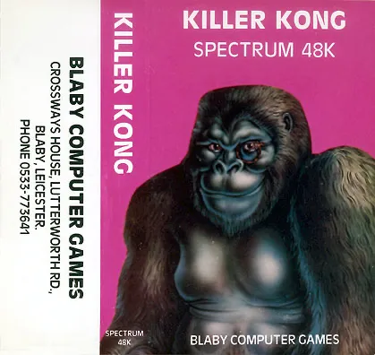 The cassette inlay for Killer Kong, featuring an airbrushed smirking gorilla. Scan courtesy of Spectrum Computing as ever