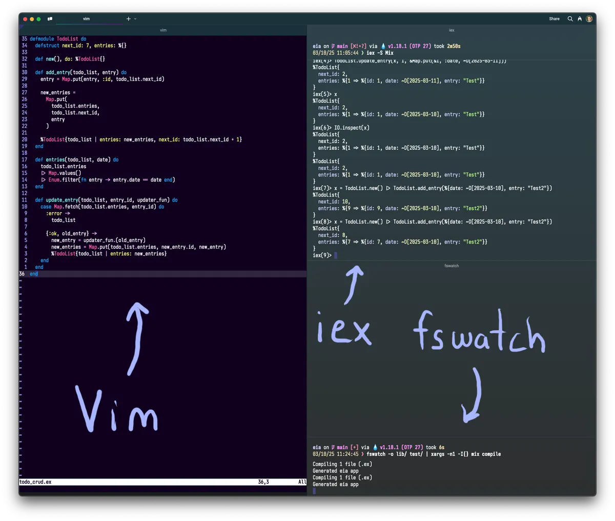My neovim dev setup with iex auto_reload