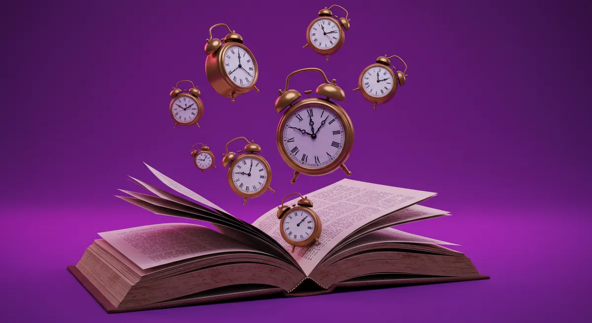 Hero image of a book with little clocks jumping out of it