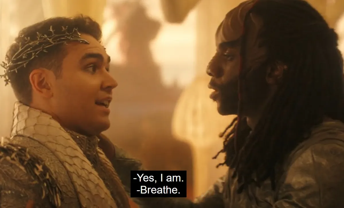 Jay-Den exhorting a panicking Darem to breathe; they are maybe an inch apart.