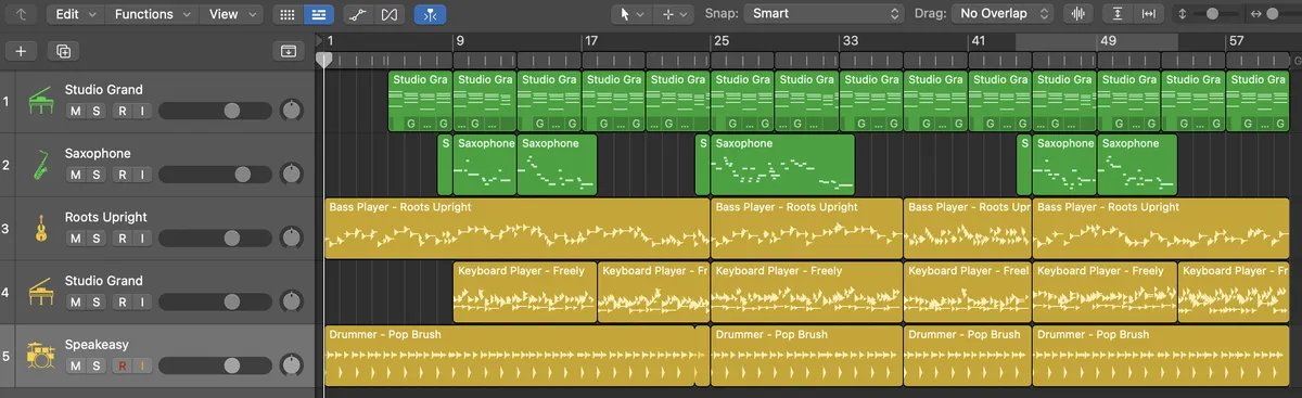 Logic Pro tracks for the song linked in this post. There are five tracks, two in green and three in yellow.